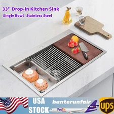 33" Drop-in Single Bowl Kitchen Sink Top Mount 304 Stainless Steel Silver