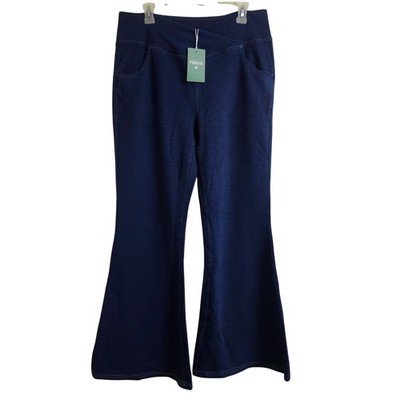 Halara XL Navy Blue Waffle Knit Crossover High Waist Flare Leg Pants Denim Like