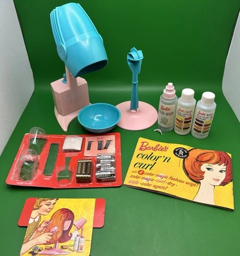 Vintage 1965 Mattel Barbie Color N Curl Set Hair Dryer Card Manual Wig Stand Lot