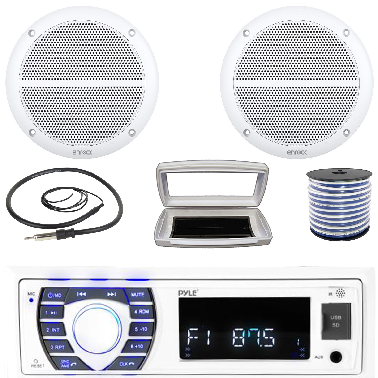 Pyle Single-DIN Marine MP3 Radio W/White Cover, 2x 6.5" 90W 