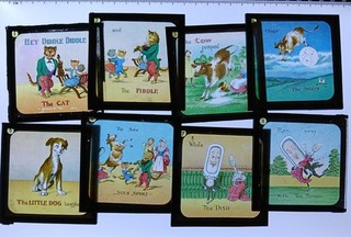 Antikes KOMPLETTSET viktorianische magische Glaslaternendias alte KINDERREIME