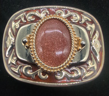 Vintage Western Belt Buckle With Speckled Goldstone Centerpiece Gold Tone