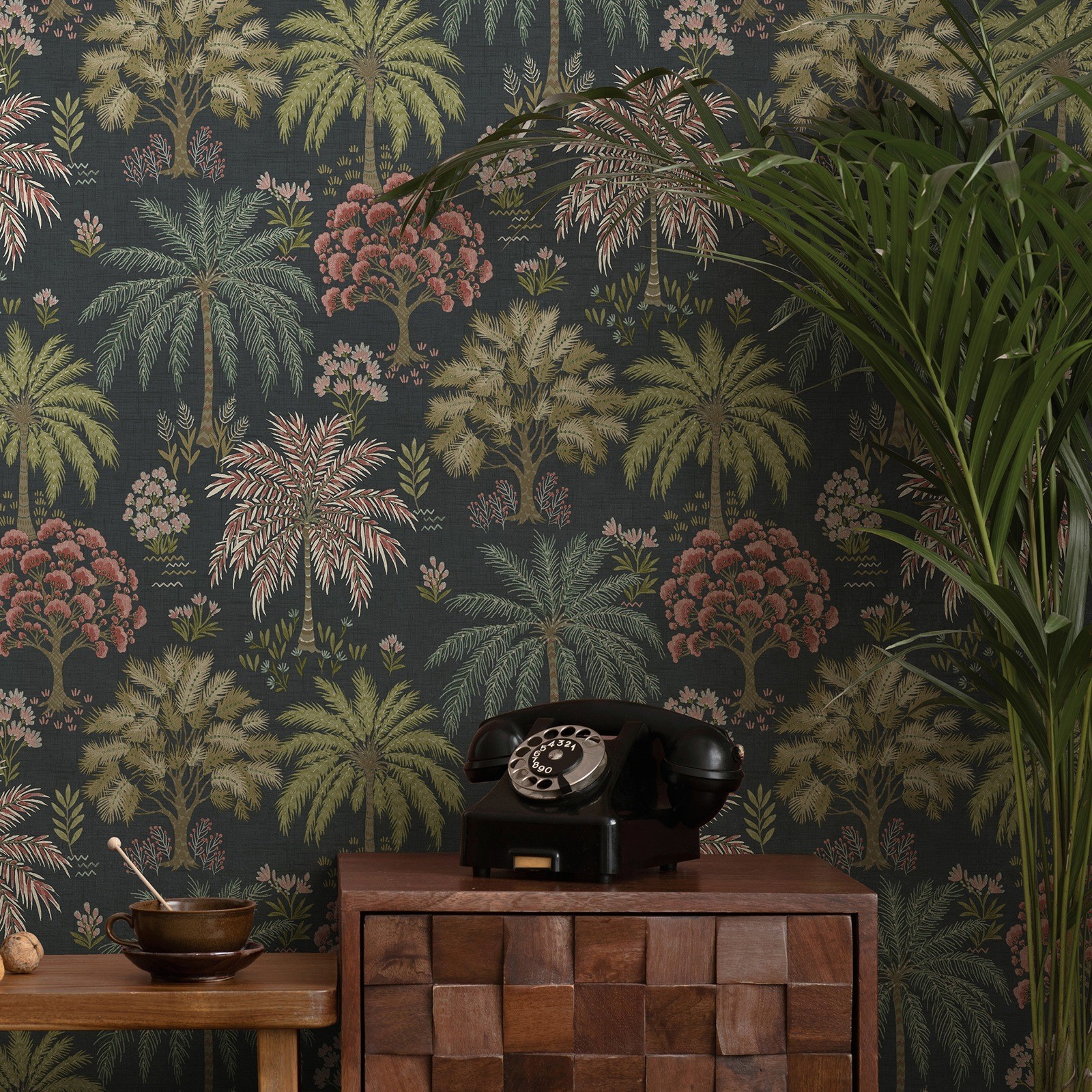 Navy Floral Wallpaper Tropical Trees Textured Leaf Feature Wall Lounge Bedroom