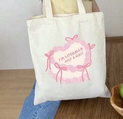 I'm Literally Just a Girl Tote Bag Pink Heart Graphic Beige Lightweight Canvas