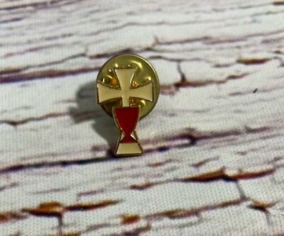 VTG White Cross Red Chalice Gold Tone First Communion Small