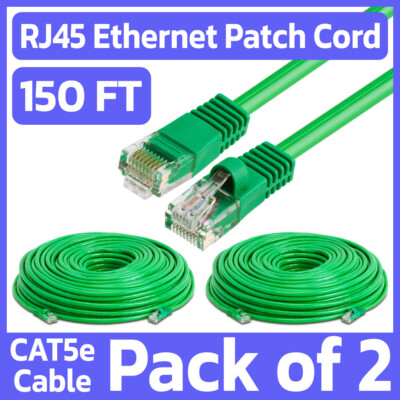 2 Pack Cat5e Cable Green 150 FT Lan Ethernet Patch Cord Network Internet Wire