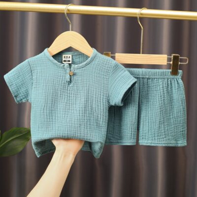 Sets Summer Solid Cotton Linen T-shirts+Shorts Kids Clothe Clothing for Children