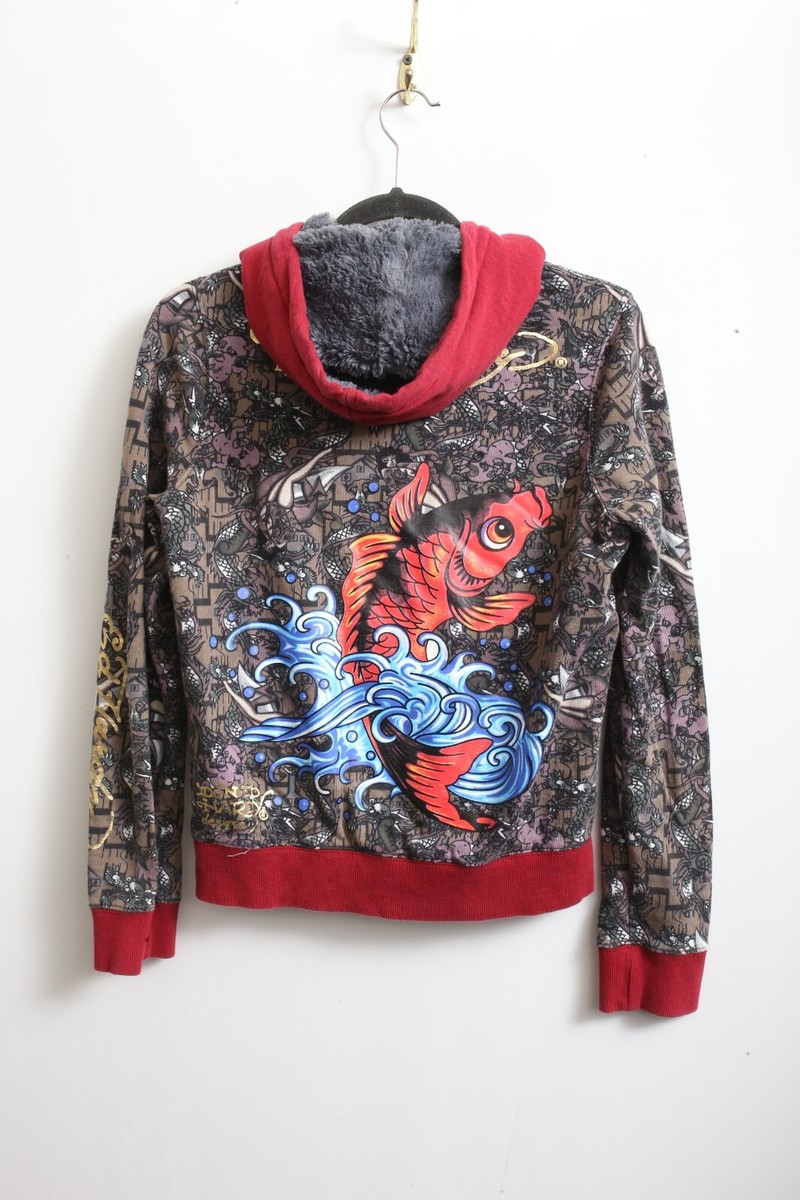 EUC M Y2K Ed Hardy Red Dragon Koi Faux Fur Hooded Full Zip Jacket