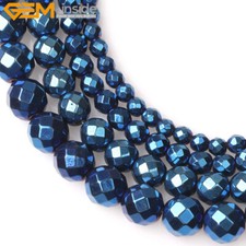 Round Blue Metallic Coated Hematite Faceted Stone Loose Beads Jewelry Making 15  
