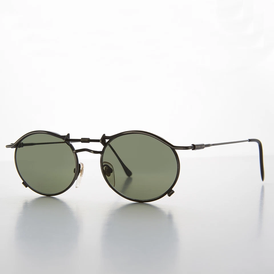 90s Oval Steampunk Fashion Steampunk Sunglass Antique Gunmetal /Green - Lucian - Image 2 of 3