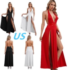 US Womens Sexy High Split Dress Halter Deep V Neck Nightclub Dress Clubwear