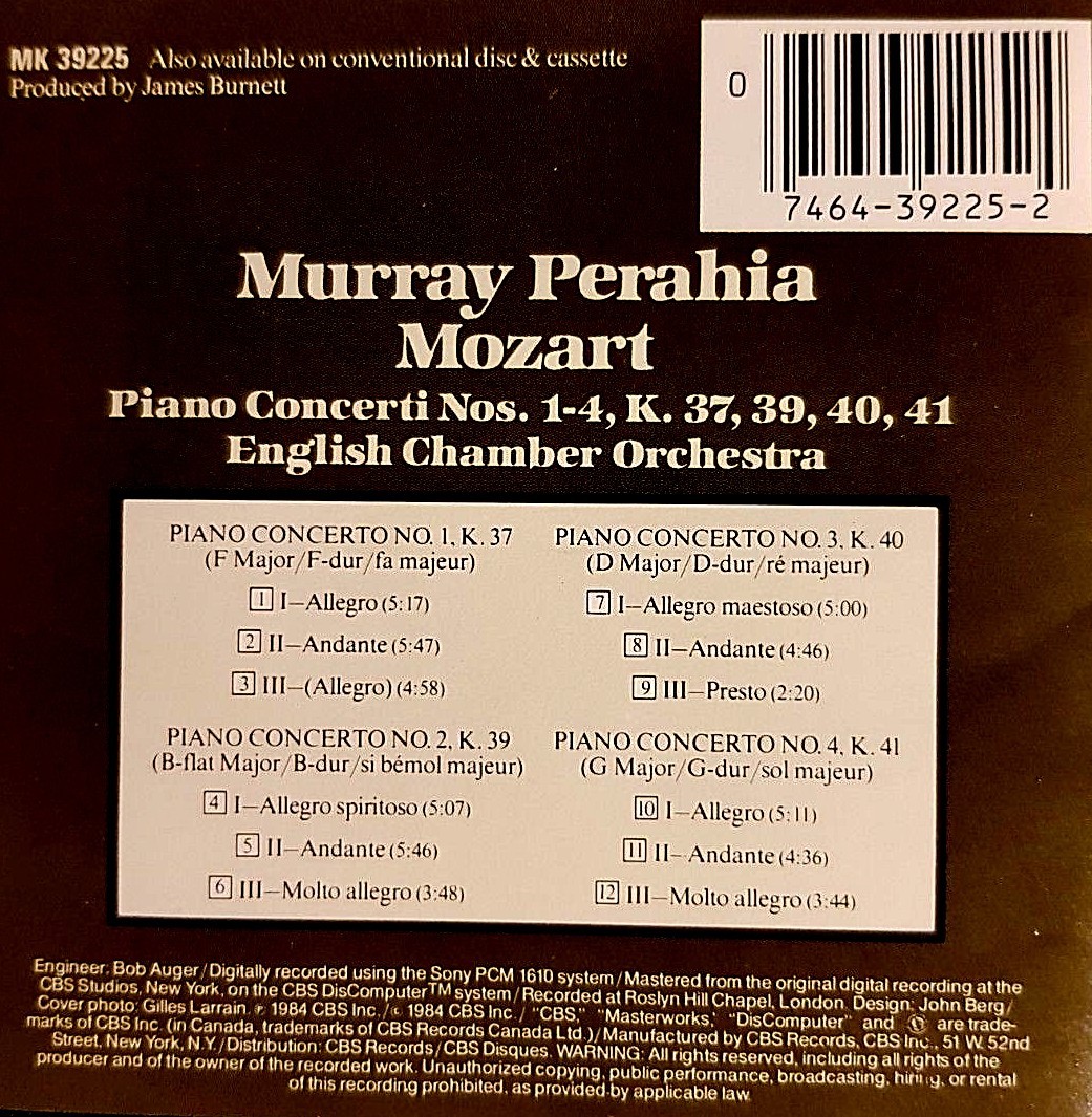 Murray Perahia: Mozart Piano Concertos 1-4 (K37,39,40,41) -- CBS