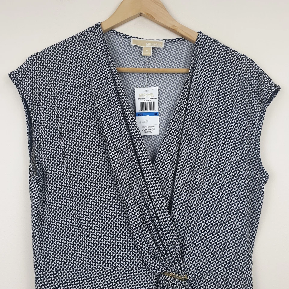 Vestido Michael Kors Geométrico Imitación Envolvente Para Mujer Talla XL Negro Blanco Acanalado Cuello en V Foto 2 de 4