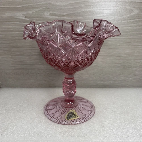 Vintage Fenton Pink Cranberry 5-3/4” Ruffled Pedestal Compote Candy Dish Signed