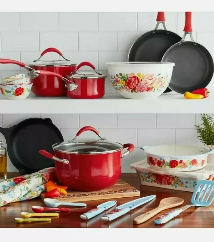 THE PIONEER WOMAN 30-Piece Nonstick Cookware Bakeware Set Red Sweet Rose  195925268205