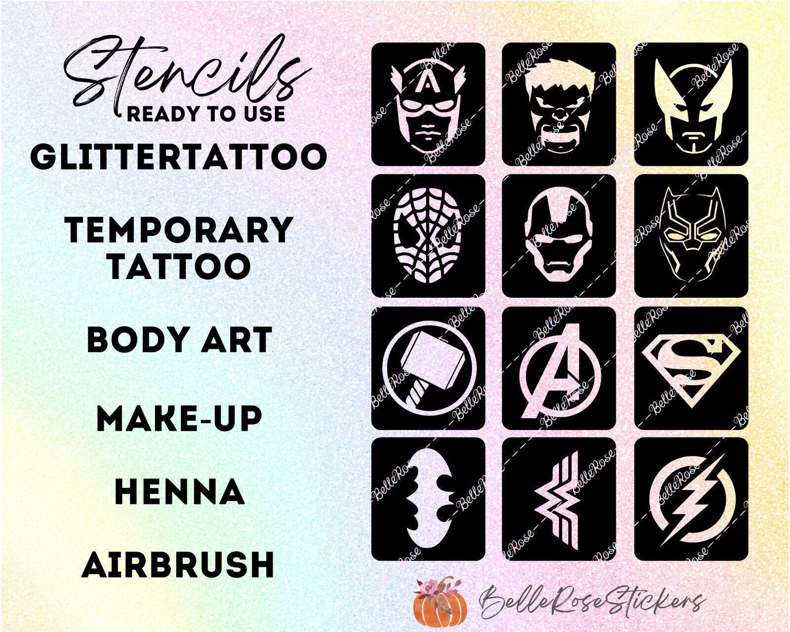 12 Glittertattoo stencils SUPERHERO Glitter tattoo template Make up