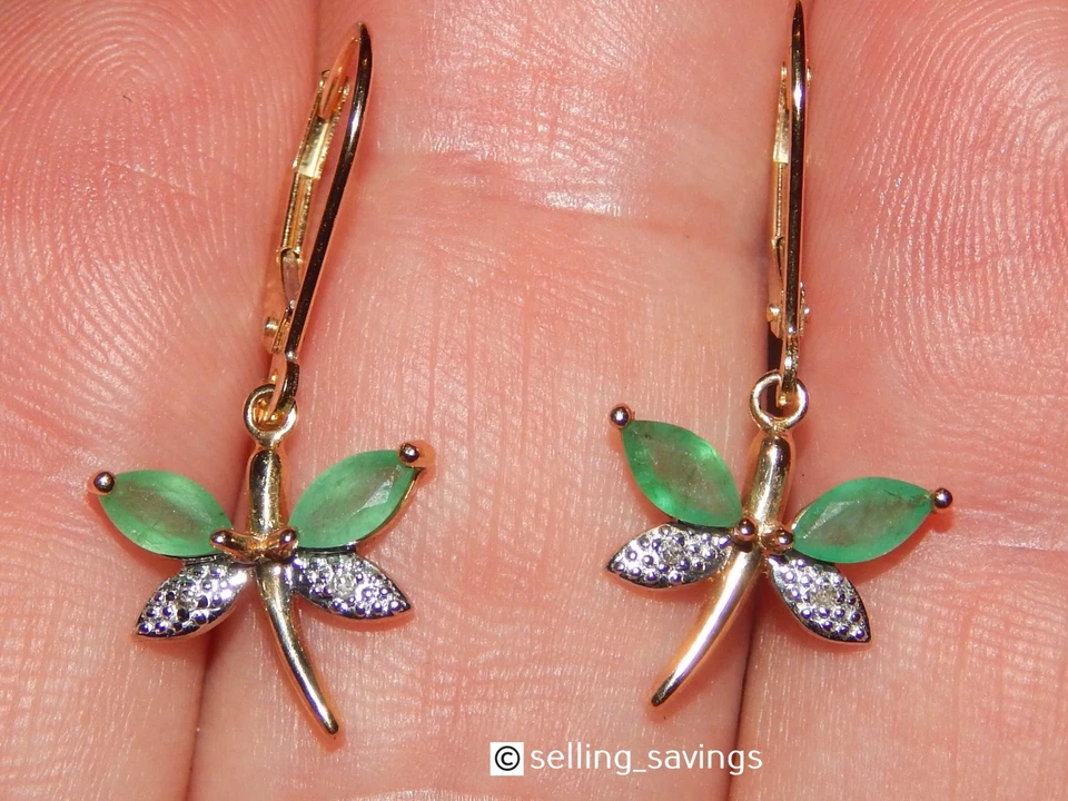 PENDIENTES COLGANTES ORO AMARILLO 14K ESMERALDA DIAMANTE MARIPOSA 1,1 PULGADAS PALANCA Foto 2 de 4
