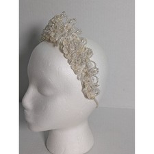 Vintage Style Ivory Pearl Beaded Lace Bridal Headband Tiara Crown 20"