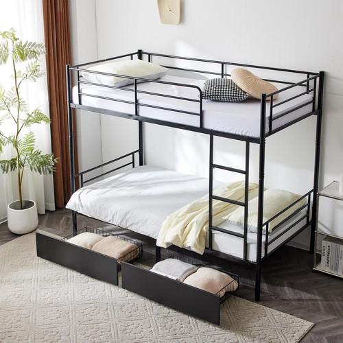 Twin over Twin Bunk Beds Frame Ladder 2 Drawer Bedroom Dorm for Kids Child Adult - Picture 2 of 9