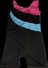 sleeveless girls' gymnastics shortie leotard in black with pink and blue shimmer