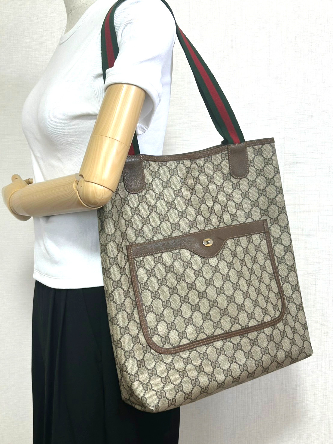 Vintage Gucci Tote Bag Shoulder Bag GG Supreme Sherry Line Brown PVC Leather