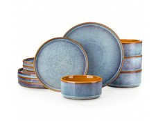 Dinner Set x 12 Piece Stoneware Plate Bowl Set Service for 4,  Blue Porcelain