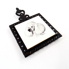 Vintage Poodle Spoon Rest White Ceramic Tile Black Metal Frame Utensil Stand
