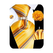 5PCS Mens Silk Designer Tie, Pocket Square, Gold Striped Tie Set -369 7