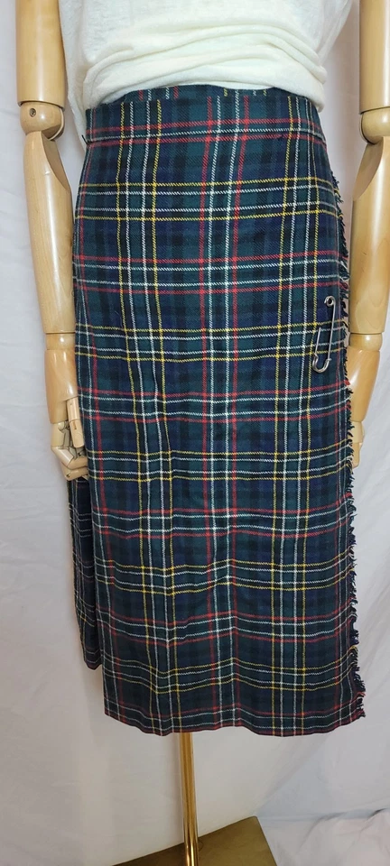 Falda envolvente plisada vintage de tartán de lana a cuadros azul/verde de los años 70 Deans of Scotland Foto 2 de 4