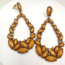 Vintage 80s Gold Tone Amber Glass Marquise Teardrop Earrings Statement Jewelry