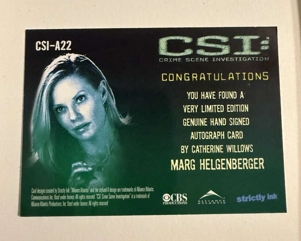 MARG HELGENBERGER CSI CATHERINE WILLOW AUTO CARD 2003 series 1 Autograph CSI-A22 - Image 2 of 2