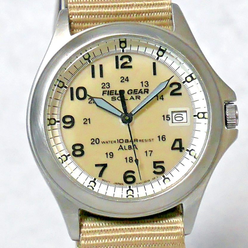 SEIKO ALBA FIELD GEAR Military Watch V145 2007 Khaki Solar Power