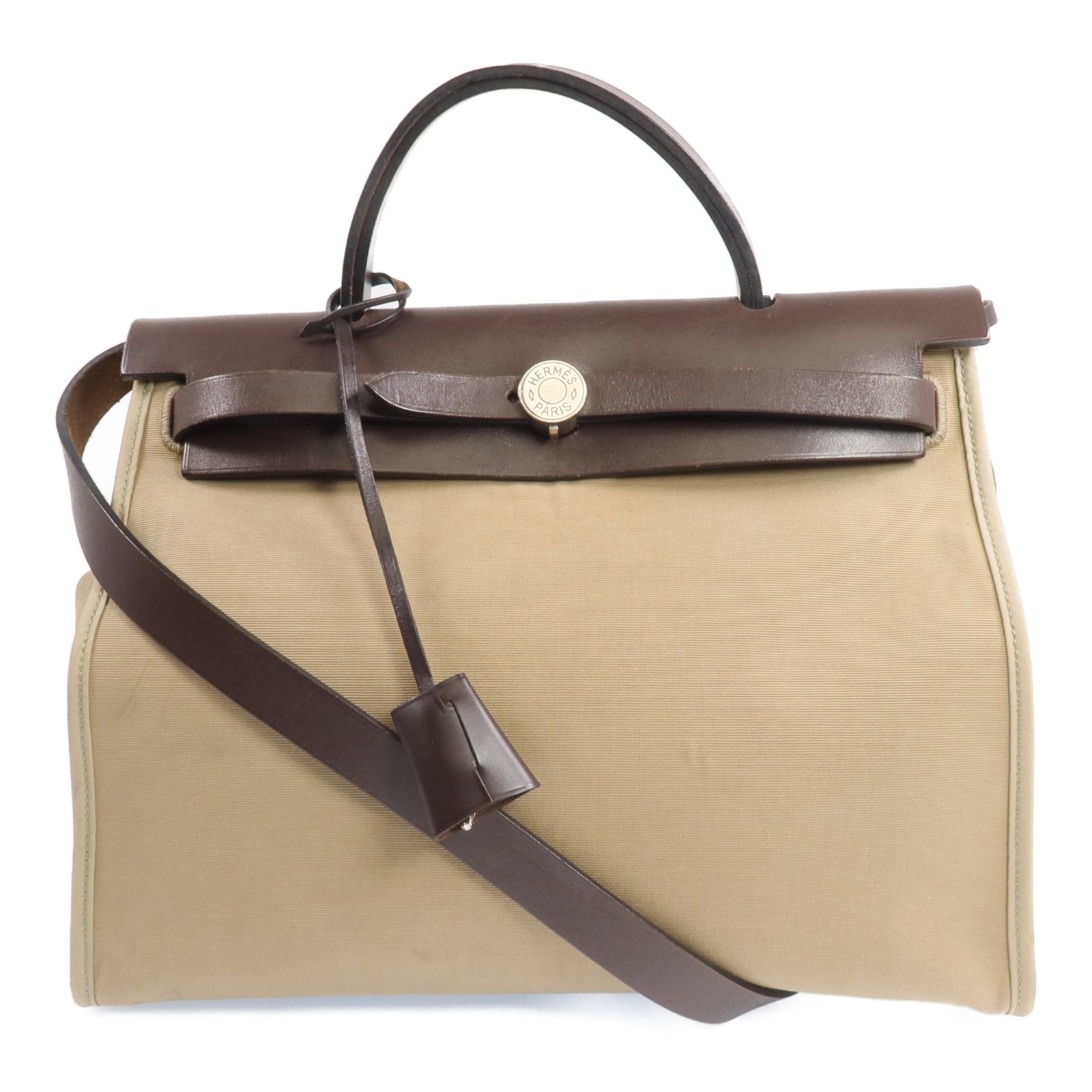 HERMES PHW Herbag PM 2 Way Shoulder Bag Canvas Etoupe