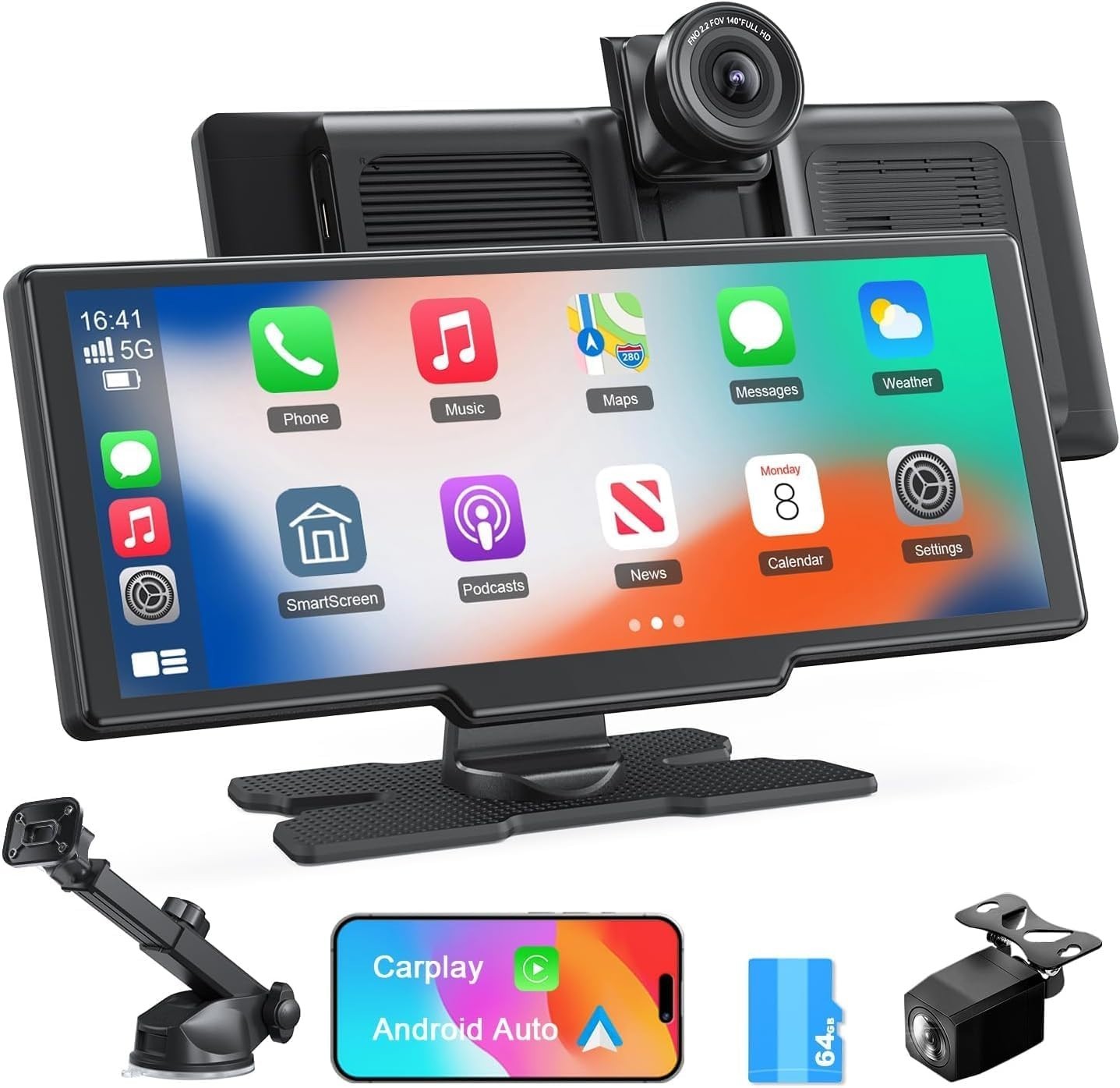 Caméra de recul 1080P et dashcam 4K sur écran tactile fluide compatible Apple Carplay