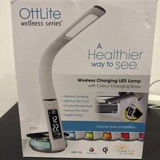 OttLite Wellness LED Desk Lamp Night Light Clock Thermometer & Wireless Charging