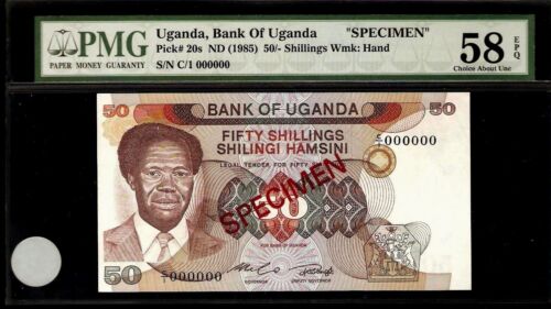 Uganda 50 chelines 1985 MUESTRA PMG 58 EPQ Pick # 20s Wmk: Mano S/N C/1 000000 - Imagen 1 de 2