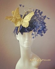 Navy Blue Kentucky Derby Fascinator Gold Butterfly Royal Ascot Del Mar Hat