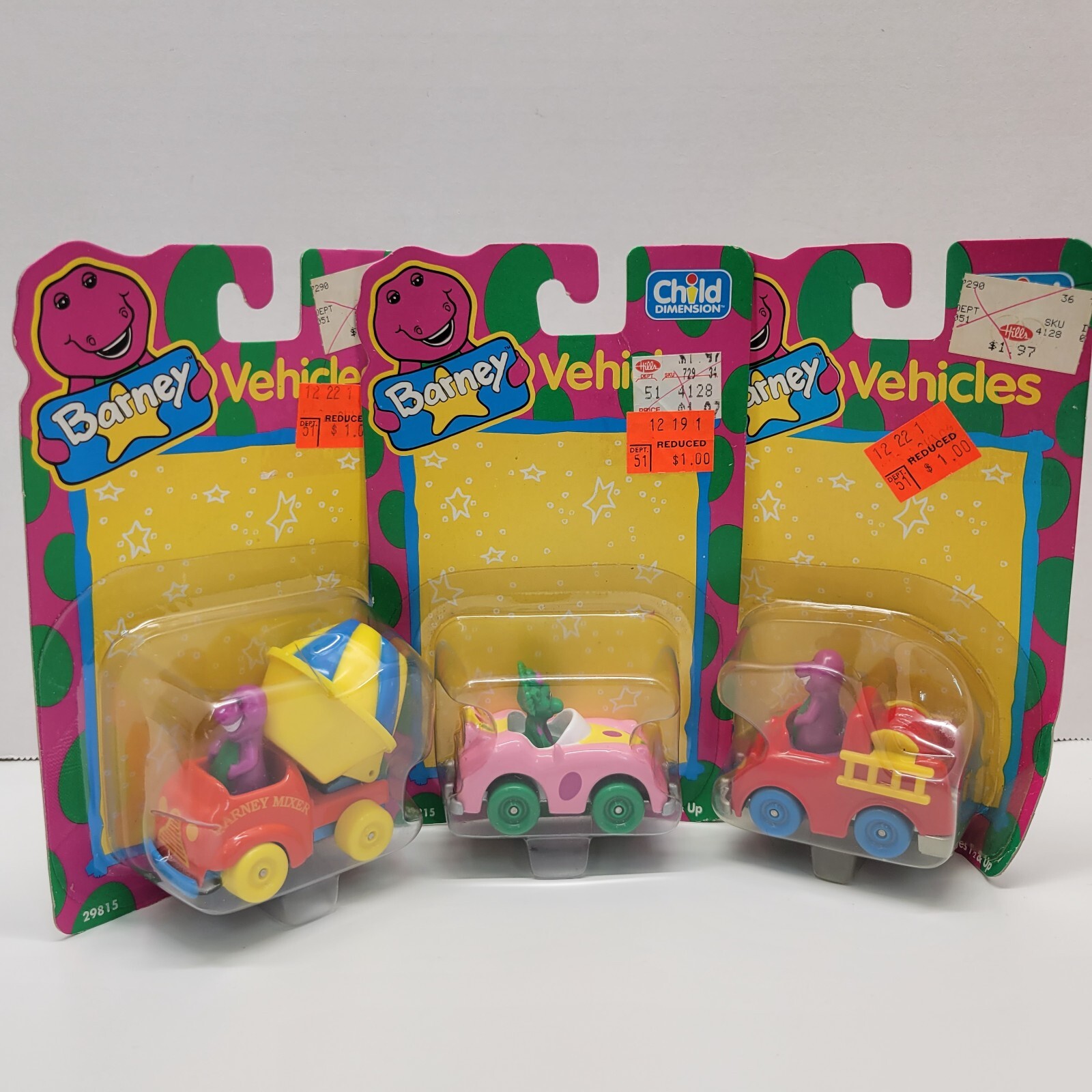 3 VTG 1993 Barney Vehicles Lot 29815 Cement Mixer Fire Engine Baby Bops Mobile