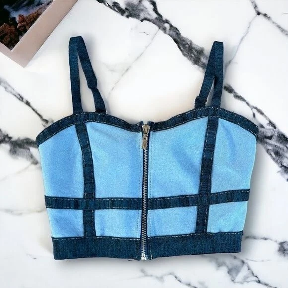 WOW Couture NOWT Bandage Crop Tank Size Small Zipper Front Denim Blue Color - Изображение 2 из 4