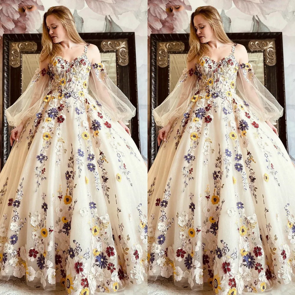 the full bloom embroidered dress in champagne Wedding Puffy Sleeve Strap Colorful 3D Flower A Line Bridal Gown Ball gown Size:US4 Blue Lolita Vintage Vogue dress pattern with its off