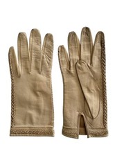 Vintage Handmade Tan Leather Gloves Size 7.5 Woven Trim Western Style