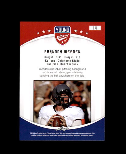 2012 Leaf Young Stars Draft #14 Brandon Weeden Oklahoma State Browns - Picture 2 of 2