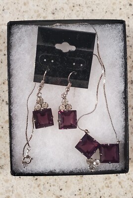 Purple Amethyst Pendant, Necklace and Earring Set 18 '' SILVERTONE CHAIN