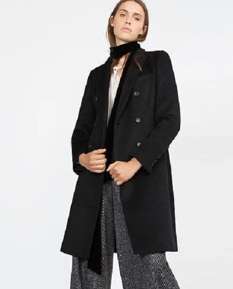 RARE ZARA BLACK DOUBLE BREASTED WOOL COAT JACKET SIZE MEDIUM M