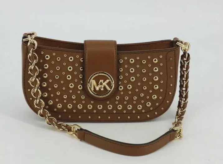 Michael Kors Carmen XS Pouchette Leather Shoulder Bag Purse Luggage Brown  Tan