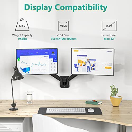 Dual Monitor Wall Mount Gas Spring Monitor Arm for 2 Screens up to 32 inch 19... - Picture 3 of 9