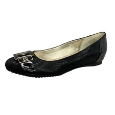 Anne Klein Size 6M Black Vegan Leather Ballet Flat Gold Buckle Logo Strap Toe