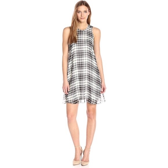 calvin klein chiffon trapeze dress Calvin Klein Women's Plaid Trapeze Dress - Black White