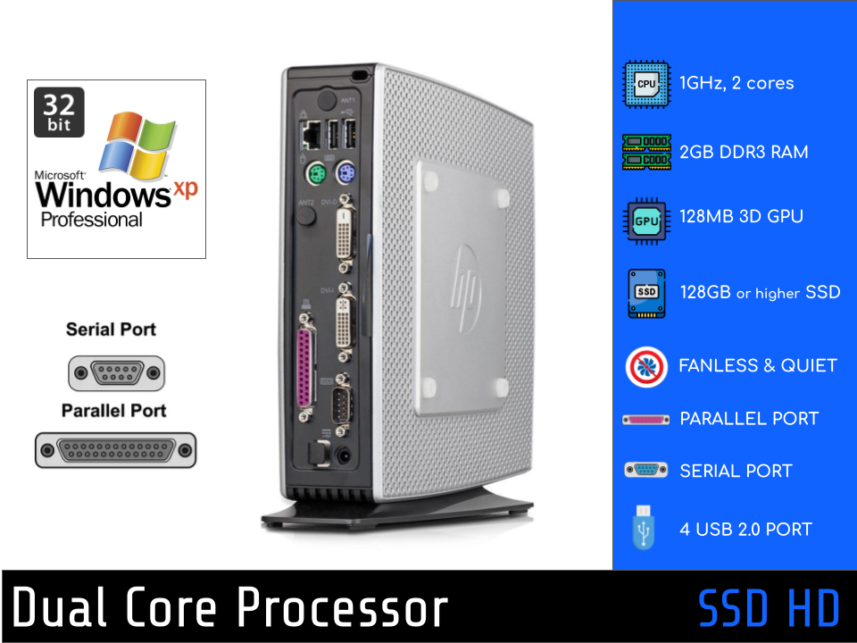 HP PC, 1GHz CPU, 128GB+ SSD, Parallel Port and Serial, Windows XP