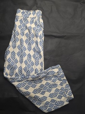 White Blue Geometric Pull On Pants Wide Leg Rayon Boho Lounge Beach Relaxed M